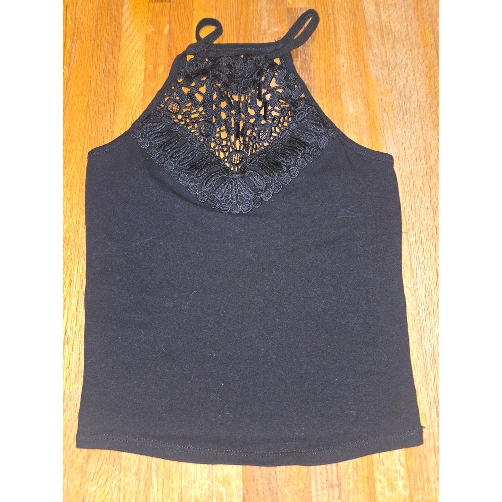 Bozzolo Womens Small Black Crochet Lace Neck BOHO Gothic Halter Cropped‎ Top